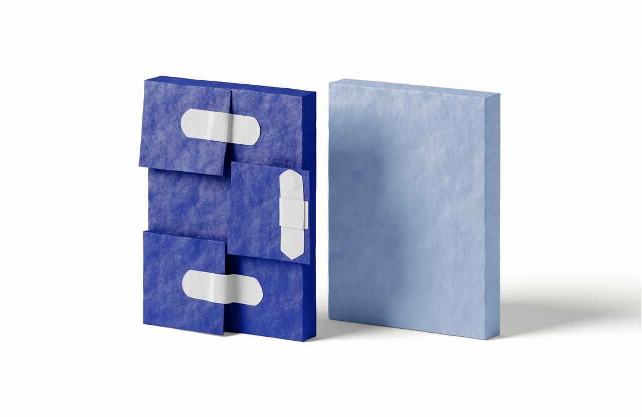 Paper-craft illustration of a letterhead page patched with paper bandages beside a pristine solid page