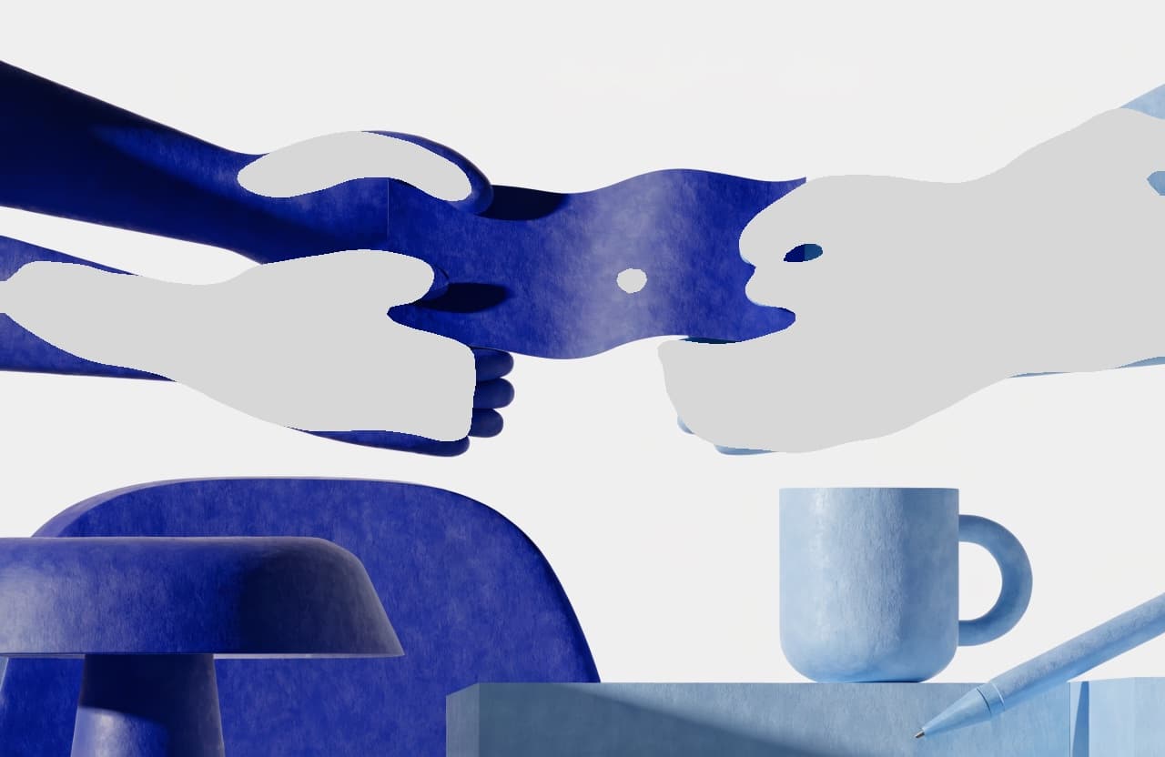 Paper-craft illustration of a pristine document page being handed across a designer’s desk