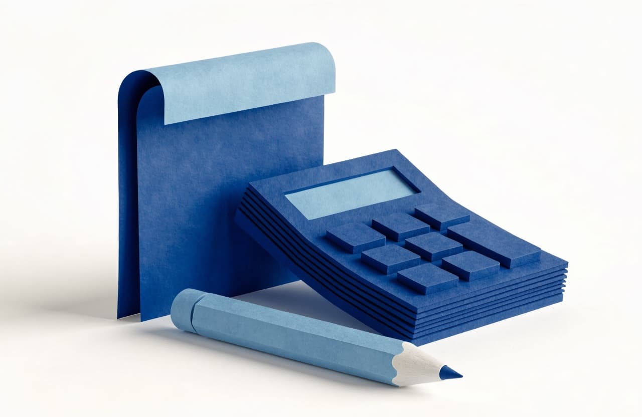 Paper-craft illustration of a letterhead page beside a paper calculator and pencil