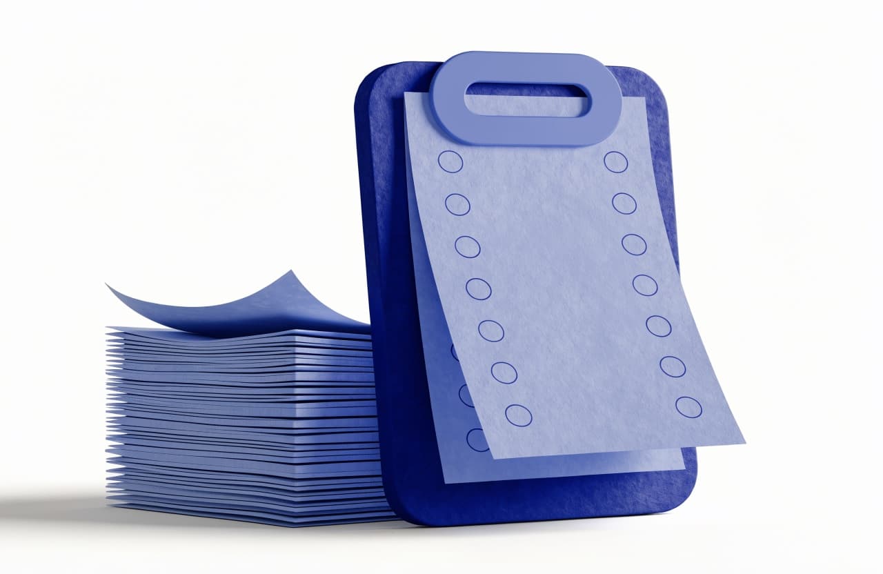 Paper-craft illustration of a clipboard checklist beside a neat stack of letterhead pages
