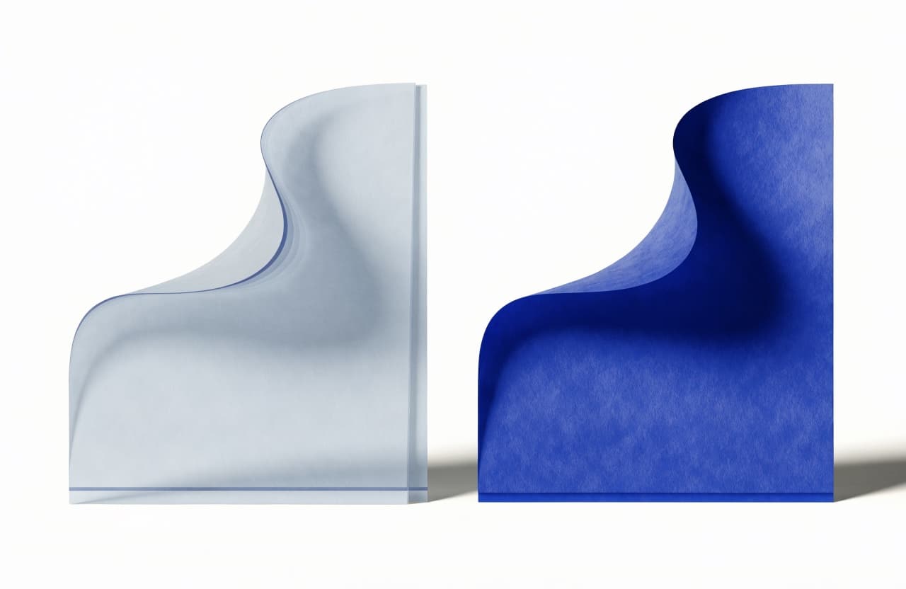 Paper-craft illustration of two letterhead pages, one pale and translucent, one vivid and solid
