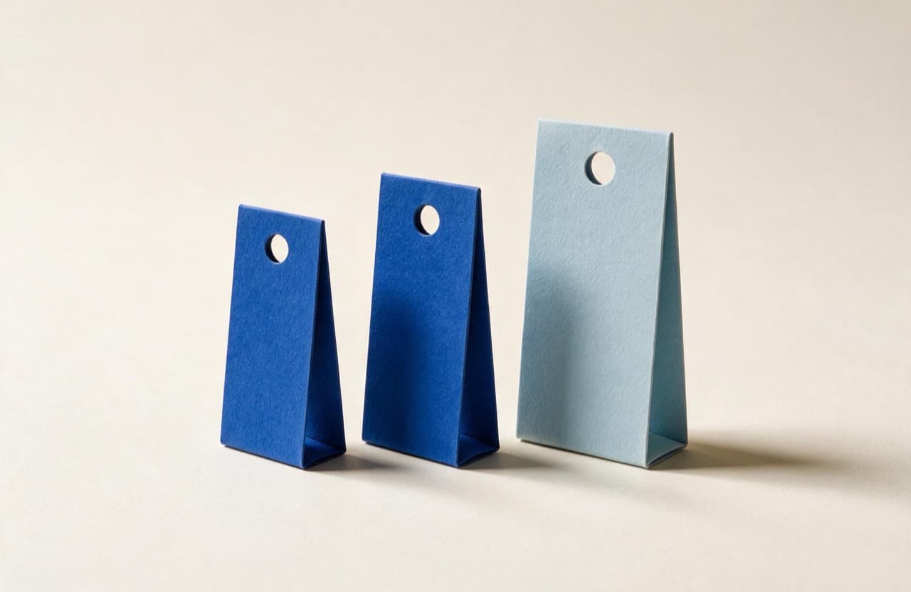 Paper-craft illustration of three folded paper price tags of increasing size arranged in a row