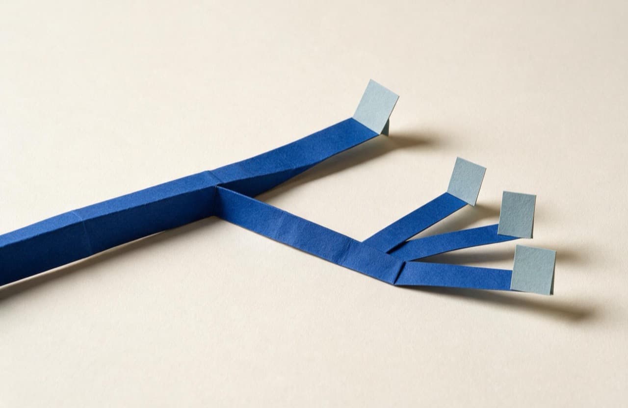 Paper-craft illustration of a folded paper path branching into two, then three, separate sheets
