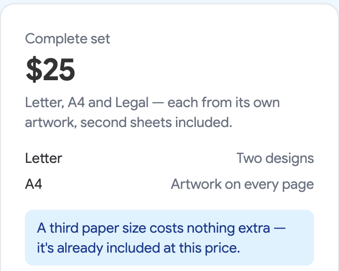 The order panel showing a complete set at $25 with Letter and A4 added, and a note that a third paper size costs nothing extra.