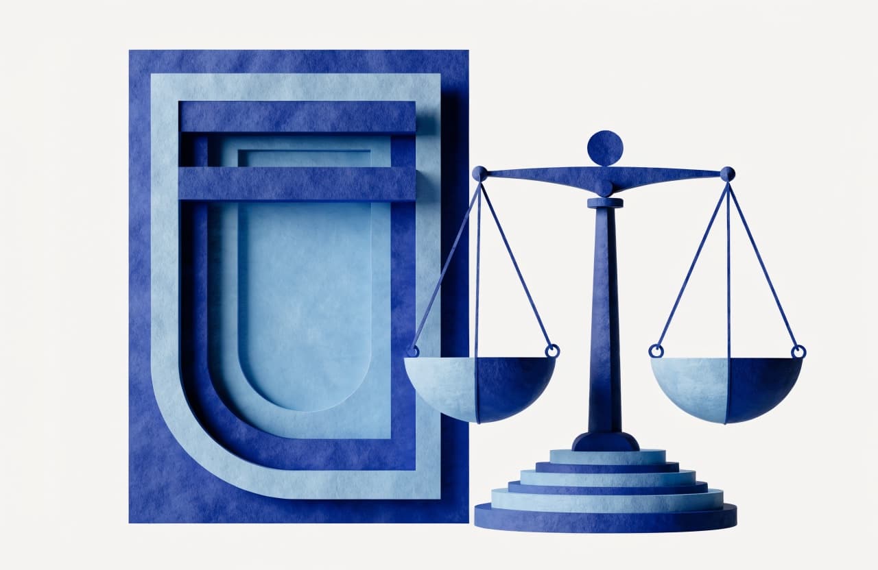 Paper-craft illustration of a stately letterhead page beside paper scales of justice