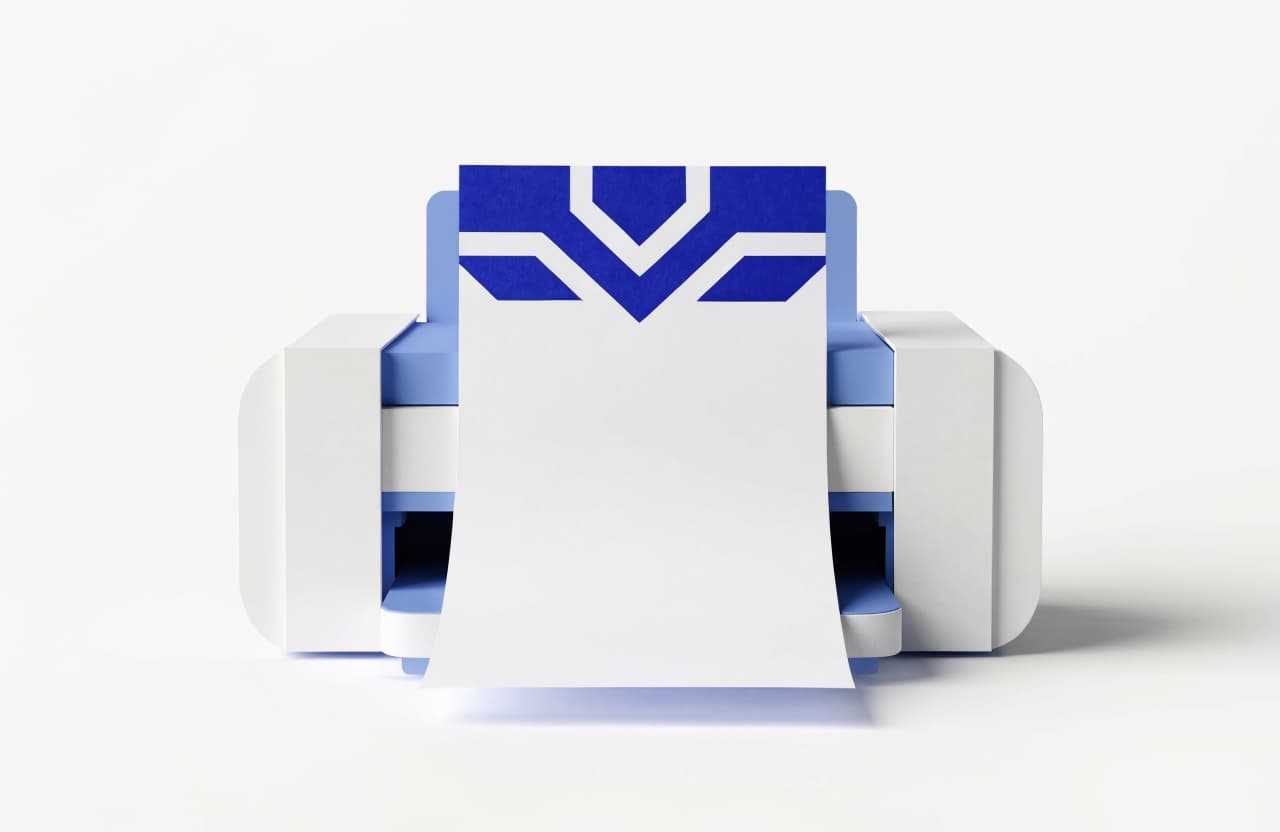 Paper-craft illustration of a desktop printer printing a letterhead page